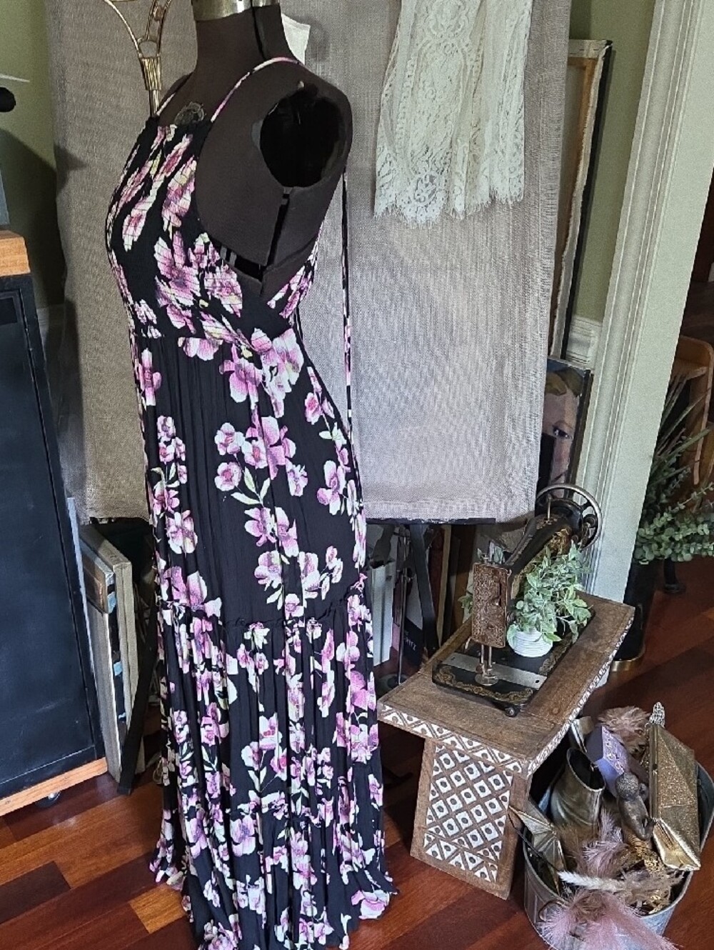 NWOT FP Black Floral Maxi Dress with Pink Blossoms XS